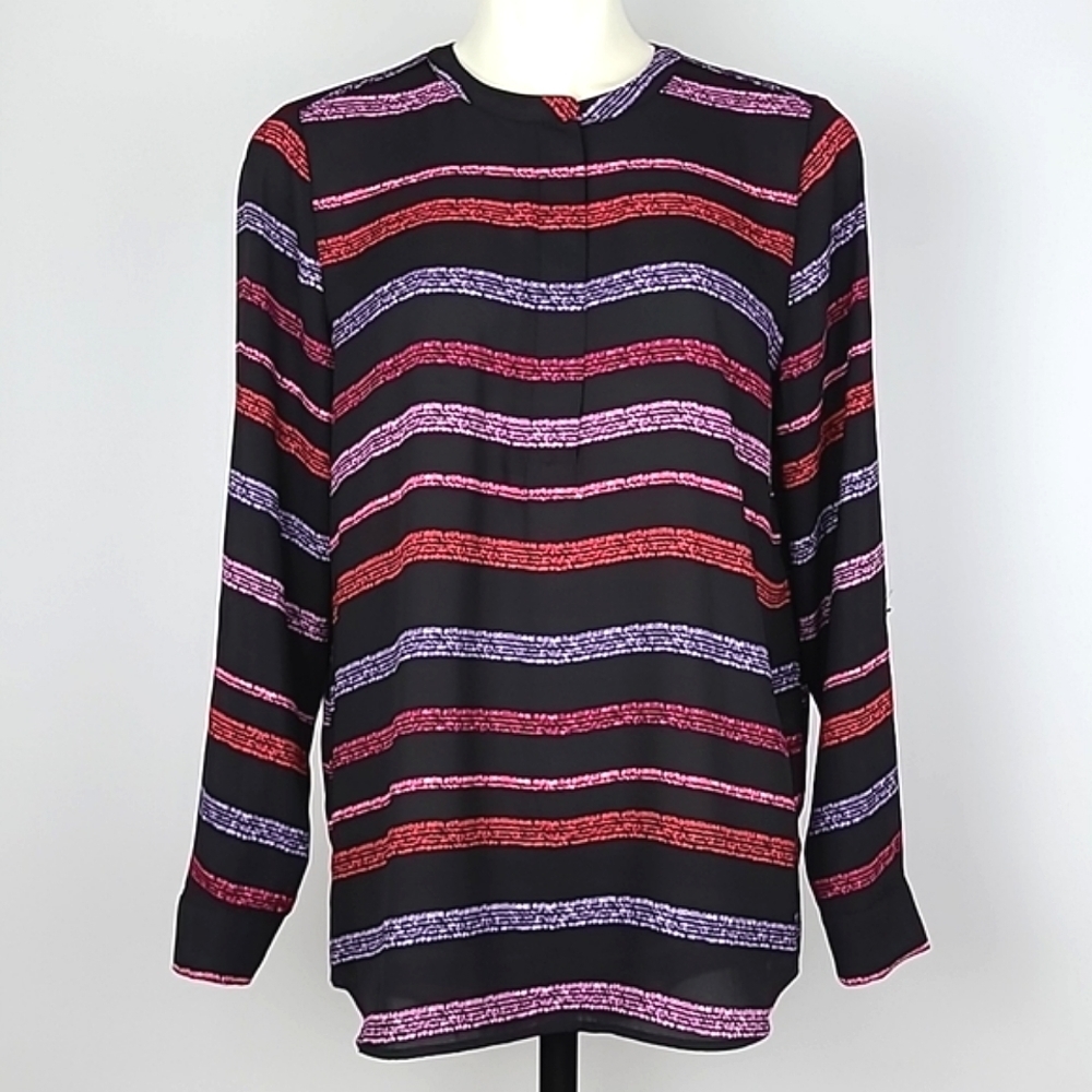 ⭐️3/ $3⭐️ APT. 9 Black Pink Purple Stripes Roll-Up Sleeves Zip Crew Collar Sz M
